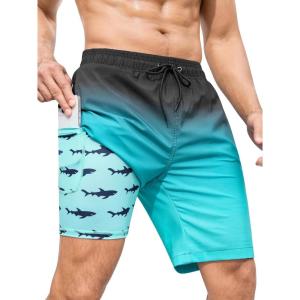 imageSILKWORLD Mens Swimming Trunks with Compression Liner 2 in 1 QuickDry 9quot Swim Shorts with Zipper PocketsGradientblack Green
