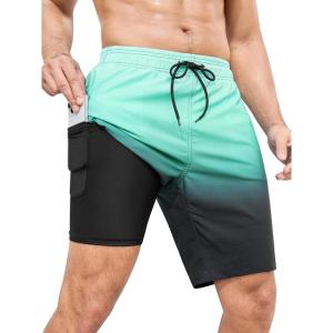 imageSILKWORLD Mens Swimming Trunks with Compression Liner 2 in 1 QuickDry 9quot Swim Shorts with Zipper PocketsGradientgreen Black