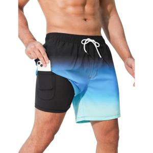 imageSILKWORLD Mens Swimming Trunks with Compression Liner Quick Dry 5 inch Swim Shorts with Zipper PocketsA0 Black Blue Gradient