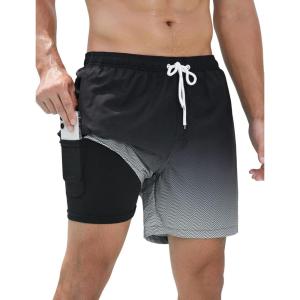 imageSILKWORLD Mens Swimming Trunks with Compression Liner Quick Dry 5 inch Swim Shorts with Zipper PocketsA0 Black Grey Gradient