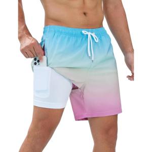 imageSILKWORLD Mens Swimming Trunks with Compression Liner Quick Dry 5 inch Swim Shorts with Zipper PocketsA0 Blue Pink Gradient