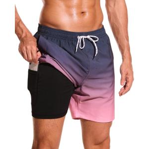 imageSILKWORLD Mens Swimming Trunks with Compression Liner Quick Dry 5 inch Swim Shorts with Zipper PocketsA0 Pink Grey Gradient