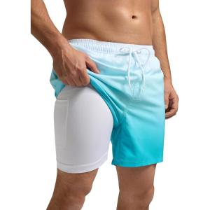 imageSILKWORLD Mens Swimming Trunks with Compression Liner Quick Dry 5 inch Swim Shorts with Zipper PocketsA0 White Blue Gradient