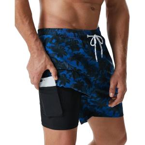 imageSILKWORLD Mens Swimming Trunks with Compression Liner Quick Dry 5 inch Swim Shorts with Zipper PocketsBig Coconut Tree