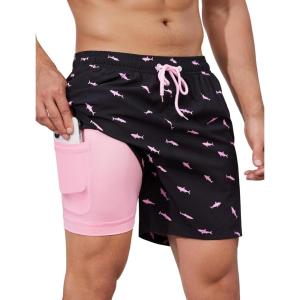 imageSILKWORLD Mens Swimming Trunks with Compression Liner Quick Dry 5 inch Swim Shorts with Zipper PocketsBlack Pink Fish