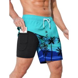 imageSILKWORLD Mens Swimming Trunks with Compression Liner Quick Dry 5 inch Swim Shorts with Zipper PocketsBlue Black Coconut Tree