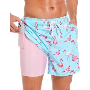 imageSILKWORLD Mens Swimming Trunks with Compression Liner Quick Dry 5 inch Swim Shorts with Zipper PocketsCyan  Pink Lining