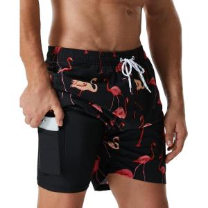 imageSILKWORLD Mens Swimming Trunks with Compression Liner Quick Dry 5 inch Swim Shorts with Zipper PocketsFlamingos