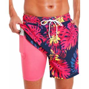 imageSILKWORLD Mens Swimming Trunks with Compression Liner Quick Dry 5 inch Swim Shorts with Zipper PocketsHot Pink  Pink Lining
