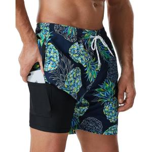 imageSILKWORLD Mens Swimming Trunks with Compression Liner Quick Dry 5 inch Swim Shorts with Zipper PocketsPineapple