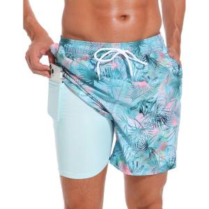 imageSILKWORLD Mens Swimming Trunks with Compression Liner Quick Dry 5 inch Swim Shorts with Zipper PocketsSky Blue  Light Cyan Lining
