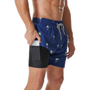 imageSILKWORLD Mens Swimming Trunks with Compression Liner Quick Dry 5 inch Swim Shorts with Zipper PocketsSmall Coconut Tree