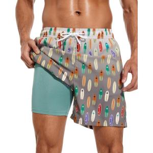 imageSILKWORLD Mens Swimming Trunks with Compression Liner Quick Dry 5 inch Swim Shorts with Zipper PocketsSurfboard