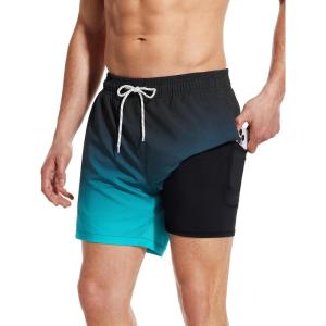 imageSILKWORLD Mens Swimming Trunks with Compression Liner Quick Dry 5 inch Swim Shorts with Zipper PocketsWavy Blue Black Gradient