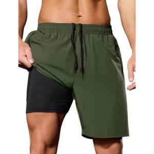 imageSILKWORLD Quick Dry Mens 2 in 1 Running Shorts with Zip Pocket 7quot Workout Gym Athletic Shorts Lightweight Training ShortsArmy Green