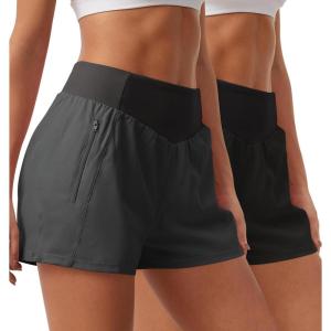 imageSILKWORLD Womens Running Shorts with Zipper Pockets Summer Cool Athletic Gym Workout Shorts2packblackDark Gray