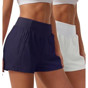 imageSILKWORLD Womens Running Shorts with Zipper Pockets Summer Cool Athletic Gym Workout Shorts2packnavy BlueWhite