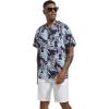 imageSILKWORLD Mens Casual Button Down Shirts Short Sleeve Band Collar Shirts Cotton Linen Mens Henley Hawaiian Shirt with Pocket7anavy Blue Leaves