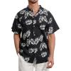 imageSILKWORLD Mens Casual Button Down Shirts Short Sleeve Band Collar Shirts Cotton Linen Mens Henley Hawaiian Shirt with Pocket6ablack Leaves