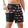imageSILKWORLD Mens Swim Trunks with Compression Quick Dry Bathing Suit 6quot Swimming Shorts Stretch with Zipper PocketsPink Shark on Black