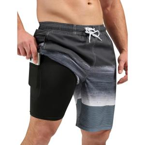 imageSILKWORLD Mens Bathing Suit Quick Dry 2 in 1 Beach Swimwear with Zipper Pockets 9 Inch Swimming Trunks for Men Black ampamp Gray Dots XXLarge