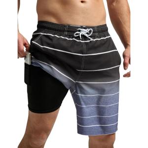 imageSILKWORLD Mens Bathing Suit Quick Dry 2 in 1 Beach Swimwear with Zipper Pockets 9 Inch Swimming Trunks for Men Gradient Black ampamp Gray Gradient Large