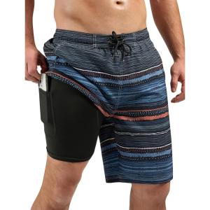 imageSILKWORLD Mens Bathing Suit Quick Dry 2 in 1 Beach Swimwear with Zipper Pockets 9 Inch Swimming Trunks for Men Stripe Black ampamp Orange Stripes Large