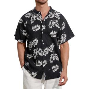 imageSILKWORLD Mens Casual Button Down Shirts Short Sleeve Band Collar Shirts Cotton Linen Mens Henley Hawaiian Shirt with Pocket6ablack Leaves
