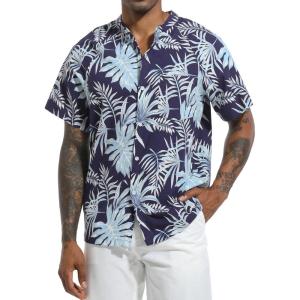 imageSILKWORLD Mens Casual Button Down Shirts Short Sleeve Band Collar Shirts Cotton Linen Mens Henley Hawaiian Shirt with Pocket7anavy Blue Leaves