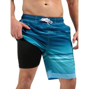 imageSILKWORLD Mens Swim Trunks 9 Inch Swimsuit with Compression Liner Quick Dry Swimming Surf Bathing Suits Green Stripes Large