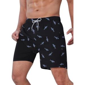 imageSILKWORLD Mens Swim Trunks Quick Dry Swimming Shorts 6 Inch Bathing Suits with Compression Liner and Zipper PocketsBlack Blue Shark