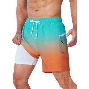 imageSILKWORLD Mens Swim Trunks Quick Dry Swimming Shorts 6 Inch Bathing Suits with Compression Liner and Zipper PocketsGradient Orange Blue