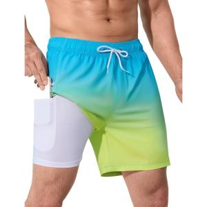 imageSILKWORLD Mens Swim Trunks Quick Dry Swimming Shorts 6 Inch Bathing Suits with Compression Liner and Zipper PocketsGradient Yellow and Blue