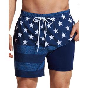 imageSILKWORLD Mens Swim Trunks with Compression Liner Board Shorts with Zipper Pockets Denim American Flag Large