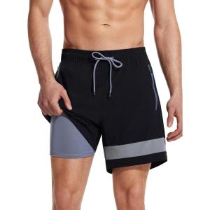 imageSILKWORLD Mens Swim Trunks with Compression Liner Quick Dry 6 in Bathing Suit Summer Swim Shorts with Zipper PocketsA001blacklight Grey Stripe