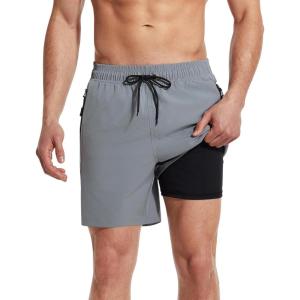 imageSILKWORLD Mens Swim Trunks with Compression Liner Quick Dry 6 in Bathing Suit Summer Swim Shorts with Zipper PocketsA003light Grey