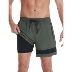 imageSILKWORLD Mens Swim Trunks with Compression Liner Quick Dry 6 in Bathing Suit Summer Swim Shorts with Zipper PocketsArmy Green