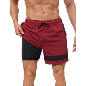 imageSILKWORLD Mens Swim Trunks with Compression Liner Quick Dry 6 in Bathing Suit Summer Swim Shorts with Zipper PocketsDark Red