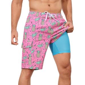 imageSILKWORLD Mens Swim Trunks with Compression Liner QuickDry 10quot Stretch Beach ShortsDark Pink Pineapple