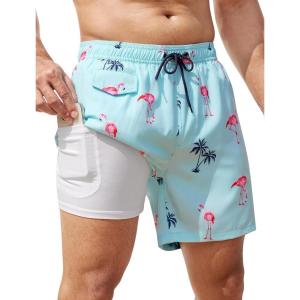 imageSILKWORLD Mens Swim Trunks with Compression Quick Dry Bathing Suit 6quot Swimming Shorts Stretch with Zipper PocketsBlue Flamingo