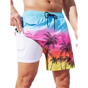 imageSILKWORLD Mens Swim Trunks with Compression Quick Dry Bathing Suit 6quot Swimming Shorts Stretch with Zipper PocketsColorful Coconut Tree