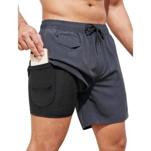 imageSILKWORLD Mens Swim Trunks with Compression Quick Dry Bathing Suit 6quot Swimming Shorts Stretch with Zipper PocketsDark Gray