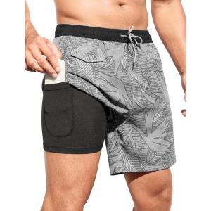 imageSILKWORLD Mens Swim Trunks with Compression Quick Dry Bathing Suit 6quot Swimming Shorts Stretch with Zipper PocketsGray Black Leaf