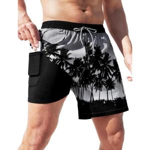 imageSILKWORLD Mens Swim Trunks with Compression Quick Dry Bathing Suit 6quot Swimming Shorts Stretch with Zipper PocketsGray and Black Coconut Tree
