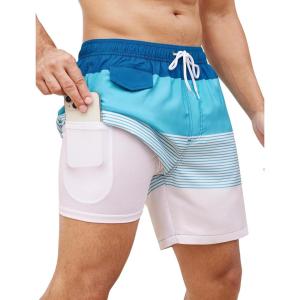 imageSILKWORLD Mens Swim Trunks with Compression Quick Dry Bathing Suit 6quot Swimming Shorts Stretch with Zipper PocketsGreen Stripe