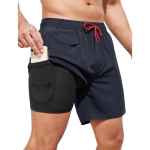 imageSILKWORLD Mens Swim Trunks with Compression Quick Dry Bathing Suit 6quot Swimming Shorts Stretch with Zipper PocketsNavy Blue