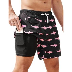 imageSILKWORLD Mens Swim Trunks with Compression Quick Dry Bathing Suit 6quot Swimming Shorts Stretch with Zipper PocketsPink Shark on Black