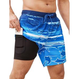 imageSILKWORLD Mens Swim Trunks with Compression Quick Dry Bathing Suit 6quot Swimming Shorts Stretch with Zipper PocketsShark on Blue