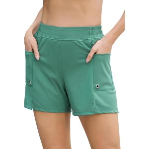 imageSILKWORLD Womens 5quot Swim Board Shorts Quick Dry Elastic Beach Swimming Shorts for Women with Liner PocketsGreen