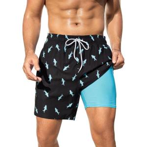 imageSILKWORLD Men Swim Trunks 6 Inch Quick Dry Swimming Shorts 2 in 1 Summer Swimwear Bathing Suits with Zipper PocketsBlack Blue Fish